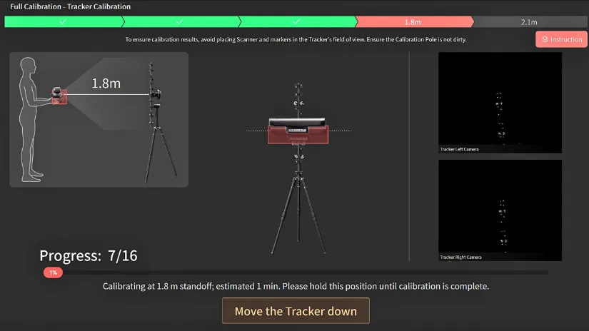 Revo Track calibration screen showing Trackit SR tracker calibration in progress at a 1.8 m standoff.