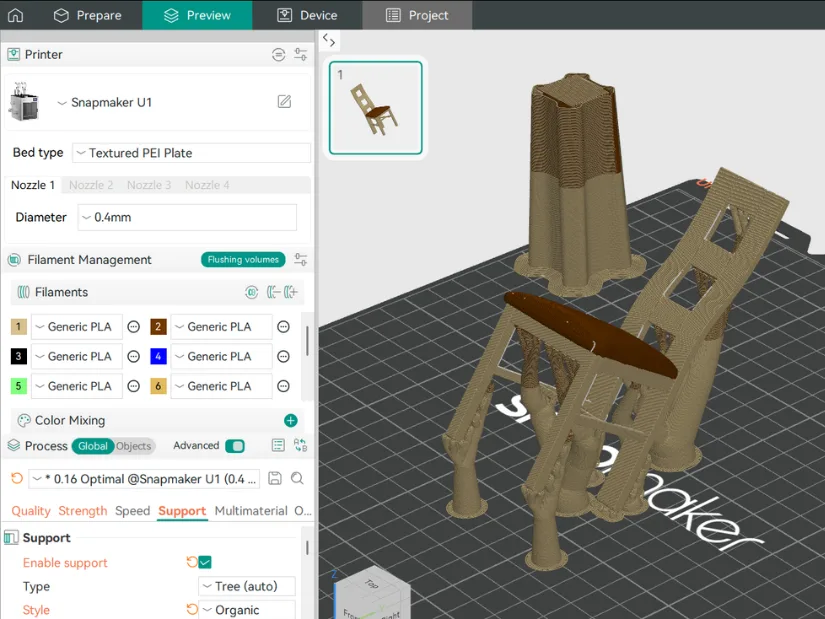 Miniature chair scan prepared for two-color 3D printing in Snapmaker Orca with organic tree supports.