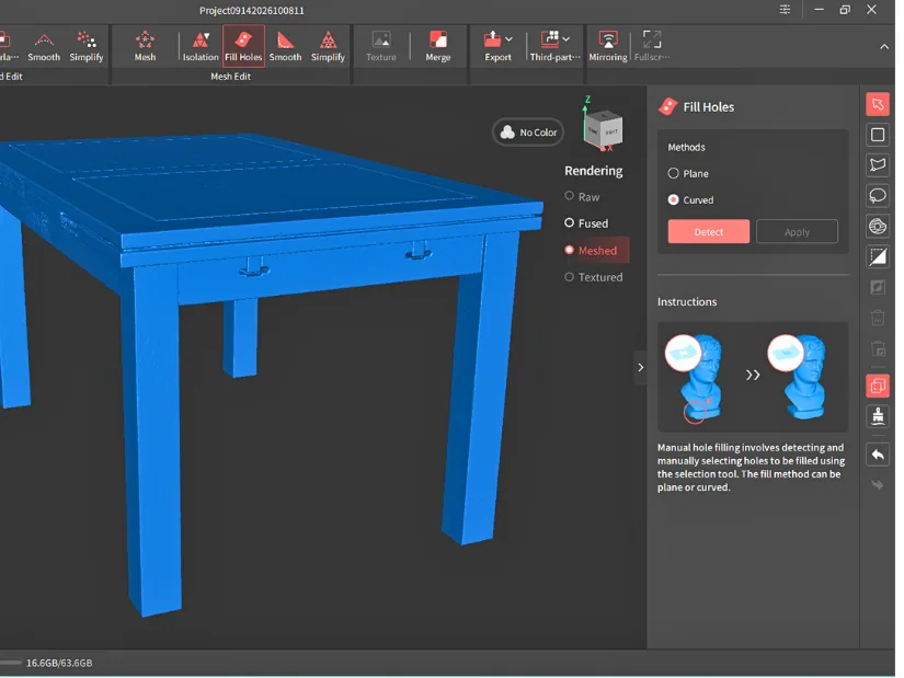 Meshed dining table model in Revo Track with the Fill Holes feature ready to close small gaps in the scan.