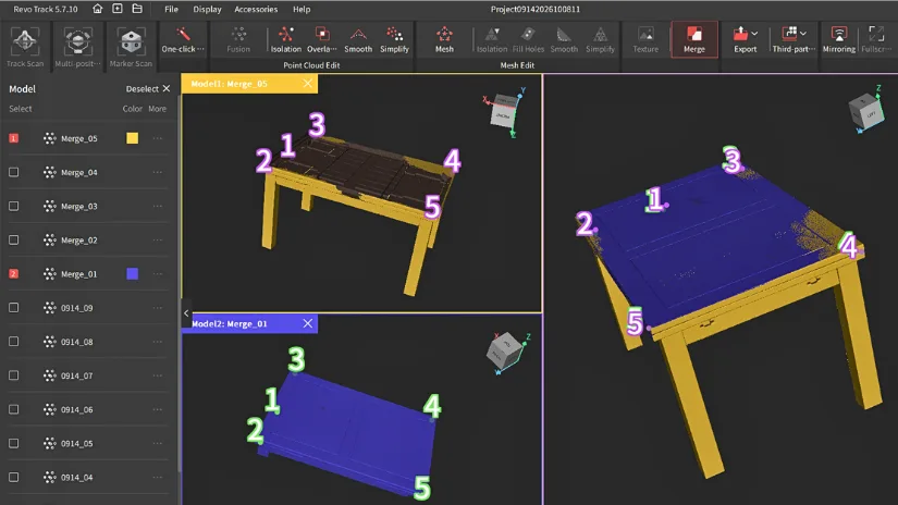 Dining table scans being manually aligned in Revo Track using five matching alignment points.