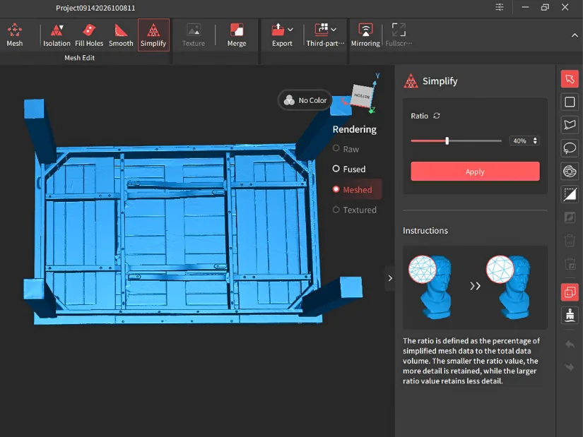 Dining table scan in Revo Track showing the Simplify feature being used to reduce mesh density.