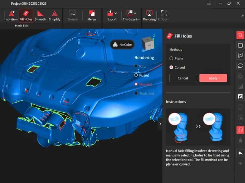 Sea-Doo jet ski scan in Revo Track showing the Fill Holes feature being applied to the meshed model.