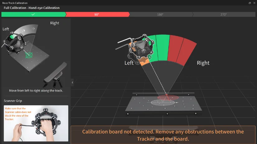 Revo Track hand-eye calibration screen showing the Trackit SR scanner being moved around the calibration board.