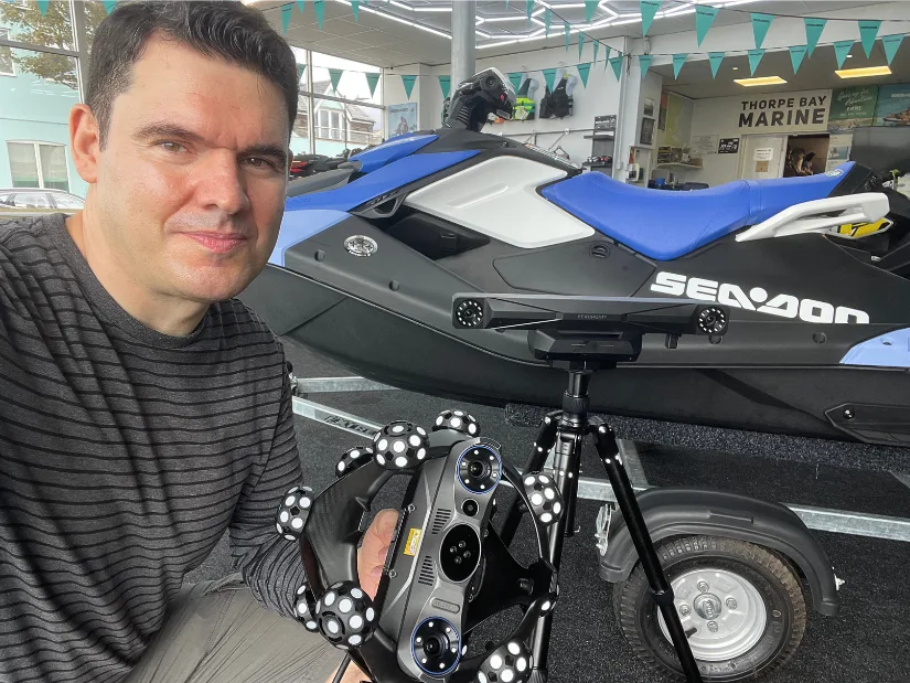 Max Funkner testing the Revopoint Trackit SR 3D scanner on a Sea-Doo jet ski at Thorpe Bay Marine.