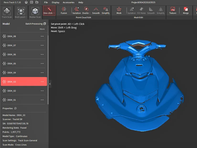 Front section of a Sea-Doo jet ski scanned with the Revopoint Trackit SR and displayed in Revo Track software.