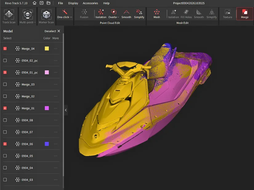 Multiple Sea-Doo jet ski scans aligned in Revo Track using Merge Feature Alignment, shown in four different colour shades.