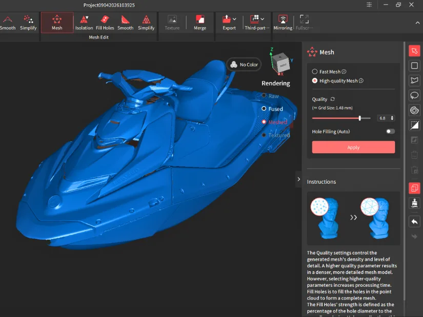 Completed meshed Sea-Doo jet ski scan in Revo Track after combining nine separate scans.