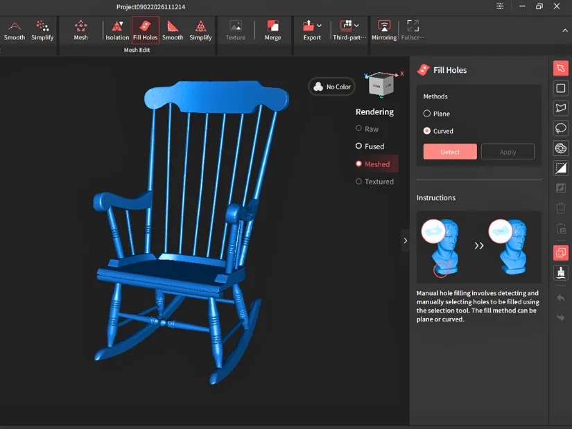 Completed meshed swing chair scan in Revo Track with the Fill Holes tool open.