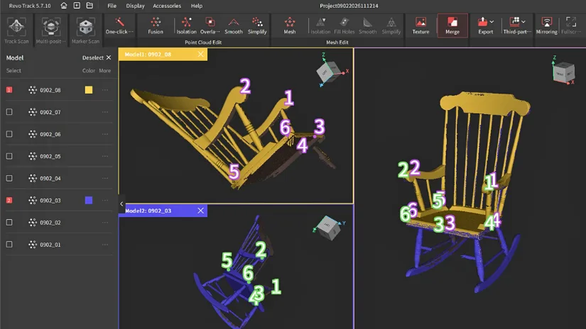 Swing chair scans being manually aligned in Revo Track using six matching points after automatic alignment failed.