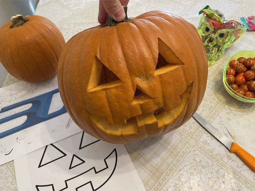 Hand-carved Halloween pumpkin prepared for 3D scanning