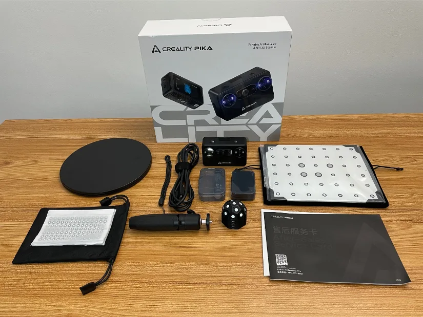 Creality Pika 3D scanner with included accessories, turntable, marker board and cables