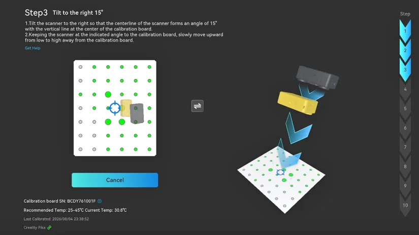 Creality Pika calibration process in CrealityScan using the supplied calibration board