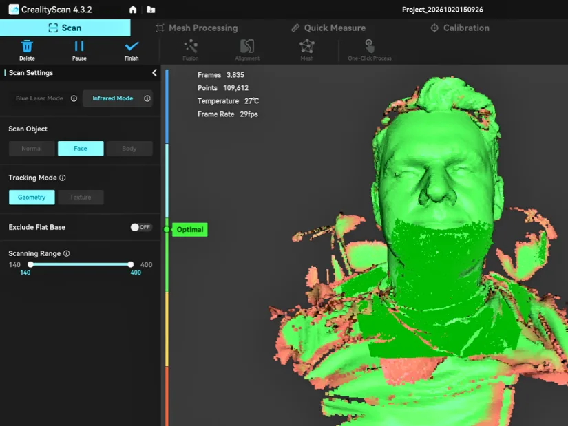 Creality Pika infrared face scan in CrealityScan using Wi-Fi mode
