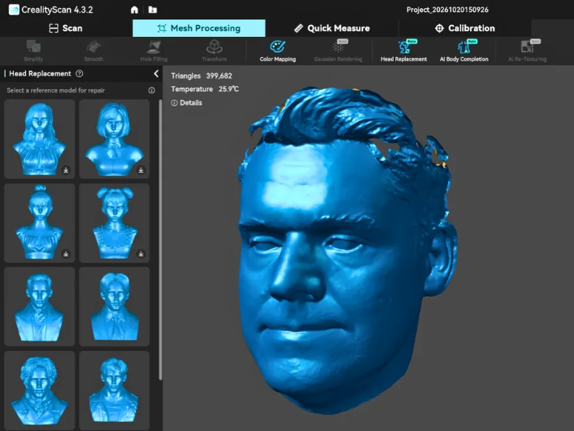 CrealityScan Head Replacement feature showing male and female bust presets