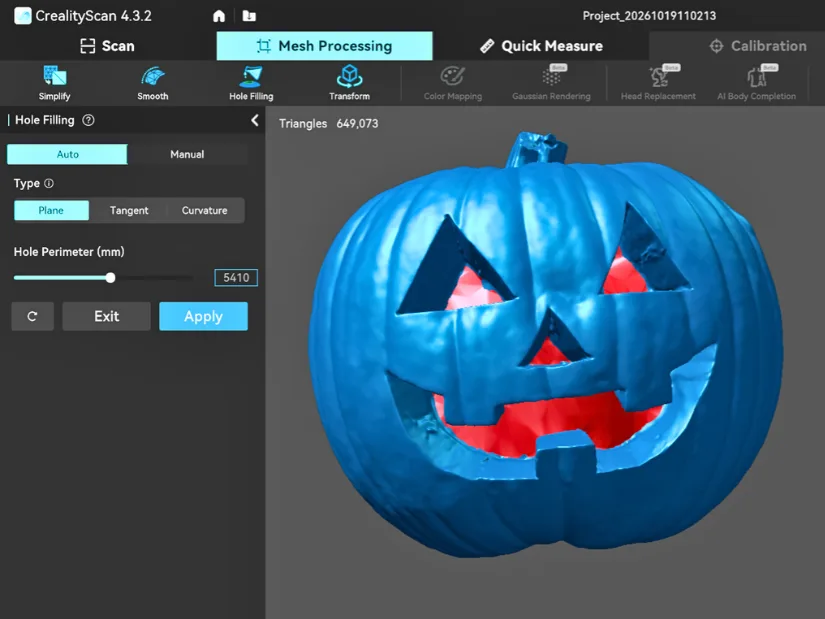 CrealityScan Hole Filling tool repairing a scanned pumpkin model for 3D printing