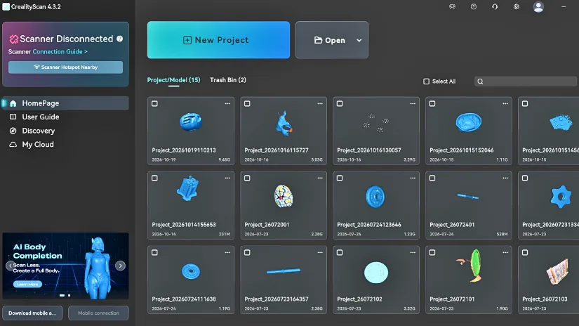 CrealityScan homepage showing multiple 3D scanning projects created with the Creality Pika and Sermoon P1