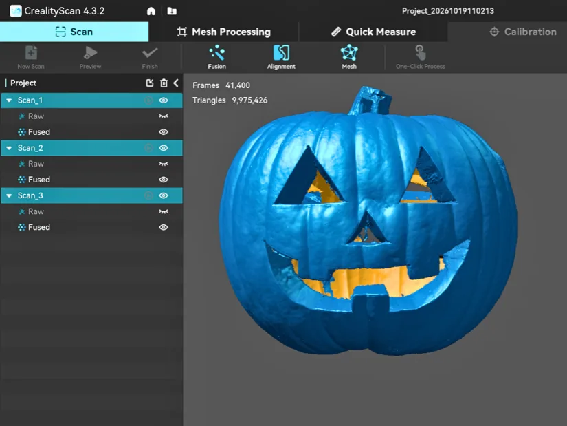 CrealityScan showing three aligned and merged scans of a carved pumpkin