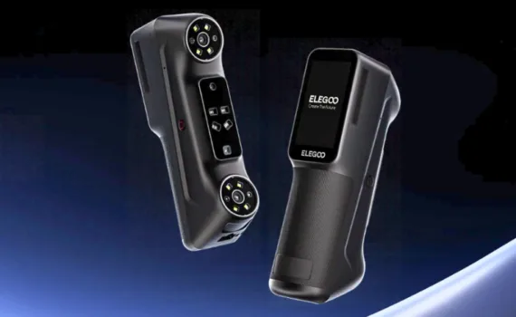 ELEGOO M1 Ultra handheld 3D scanner showing front touchscreen and rear blue laser scanning modules
