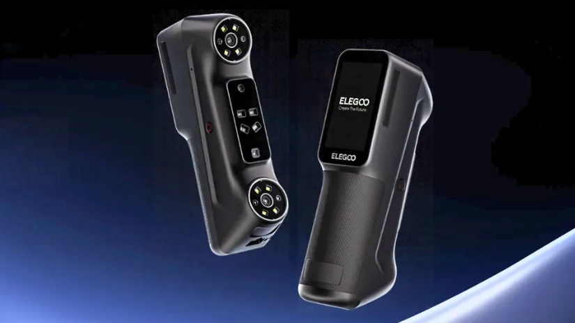 ELEGOO M1 Ultra handheld 3D scanner showing front touchscreen and rear blue laser scanning modules