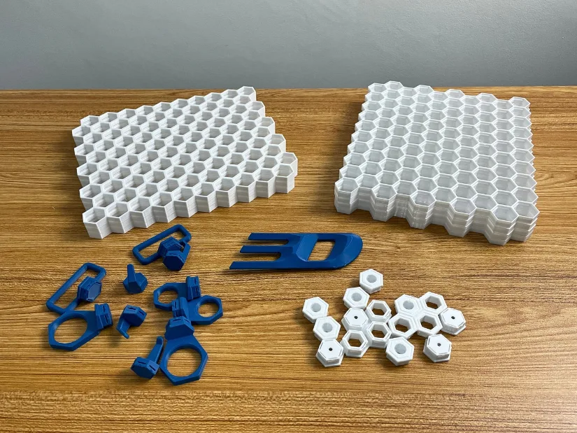 Blue eSUN ABS Honeycomb Storage Wall hooks and holders with white PETG HSW wall sections