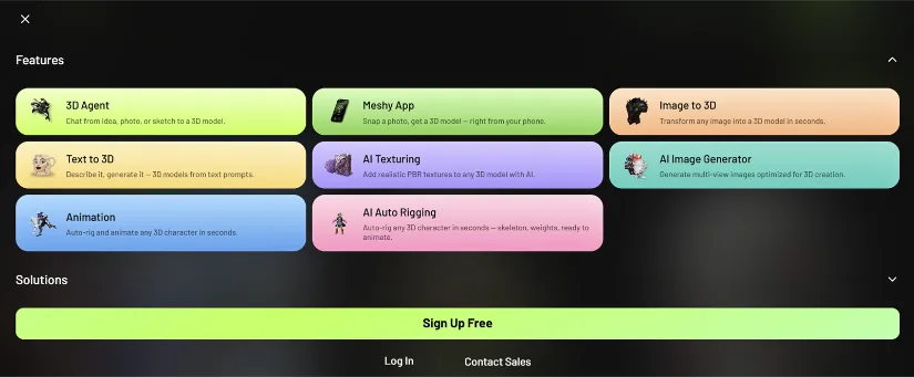 Meshy AI features including 3D Agent, Image to 3D, Text to 3D, AI Texturing and Auto Rigging