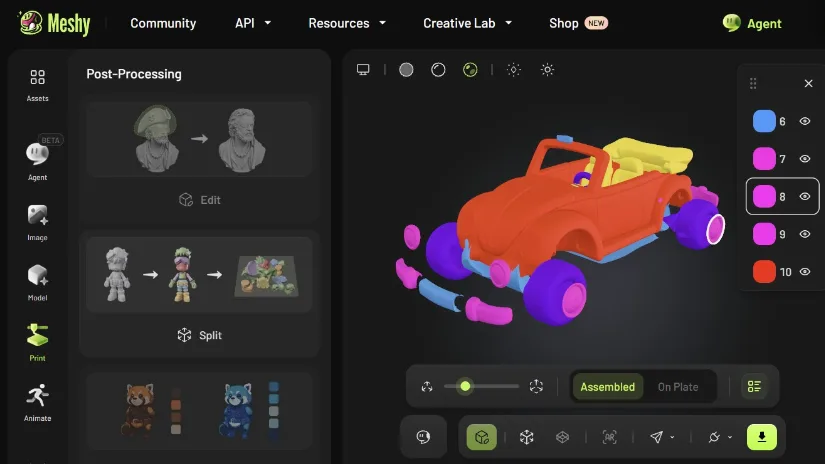 Meshy AI Split feature separating a car model into color-based parts for 3D printing