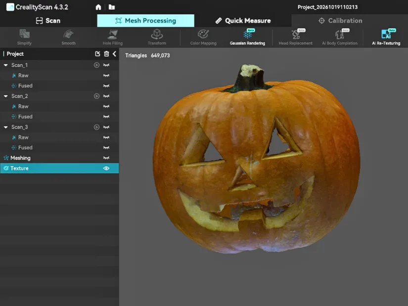 CrealityScan showing color mapping applied to a scanned carved pumpkin