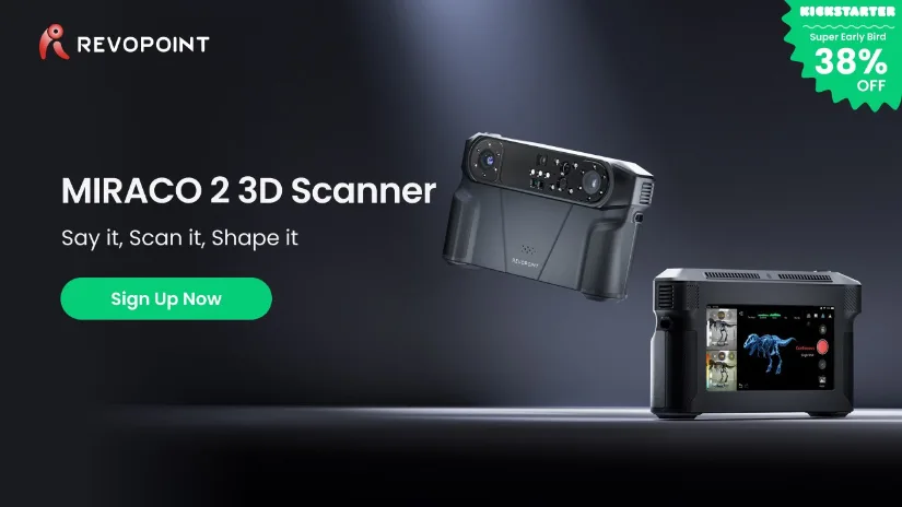 Revopoint MIRACO 2 all-in-one multi-mode laser 3D scanner showing front cameras and rear touchscreen, with up to 38% Super Early Bird discount.