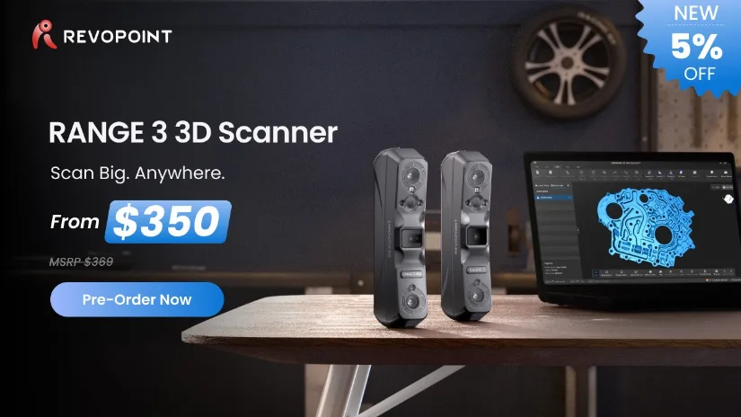 Revopoint RANGE 3 Series 3D scanners displayed alongside scanning software, with pre-order pricing starting at $350.