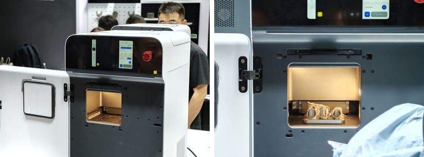 SnowPod with the build chamber open and metal samples on the build plate