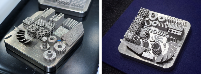 SnowPod metal test plate with gears threads thin walls lattices and blade shapes