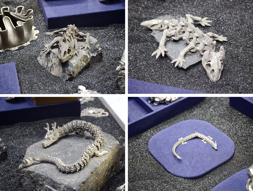 SnowPod print-in-place articulated metal creature and dragon samples