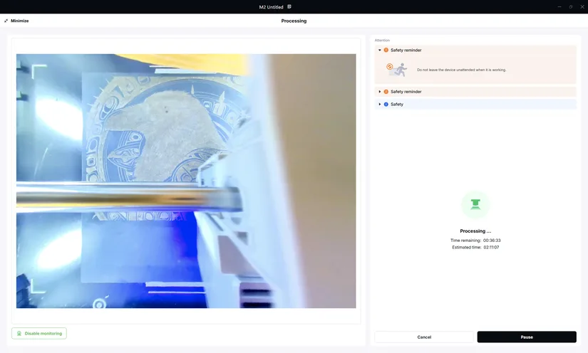 Live process monitoring view in xTool Studio