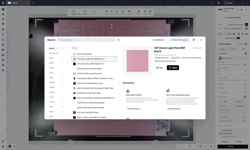 xTool Studio material library and recommended processing parameters